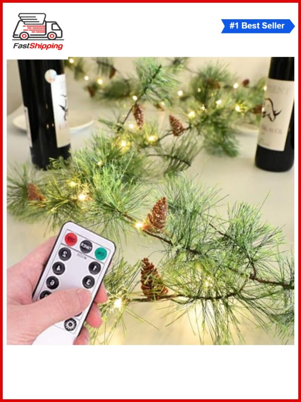 🎅 Pre-Lit Christmas Pine Garland 6.56FT 30 LED Lights Remote Timer Pinecones